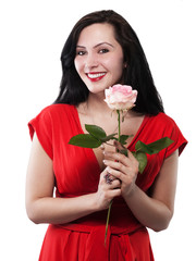 pretty young woman is happy with her gift - isolated