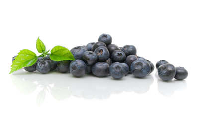blueberries and green leaves on a white background