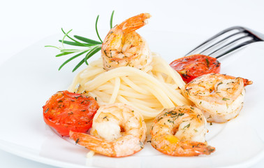 Shrimp Linguine with Pasta. Focus on shrimp.
