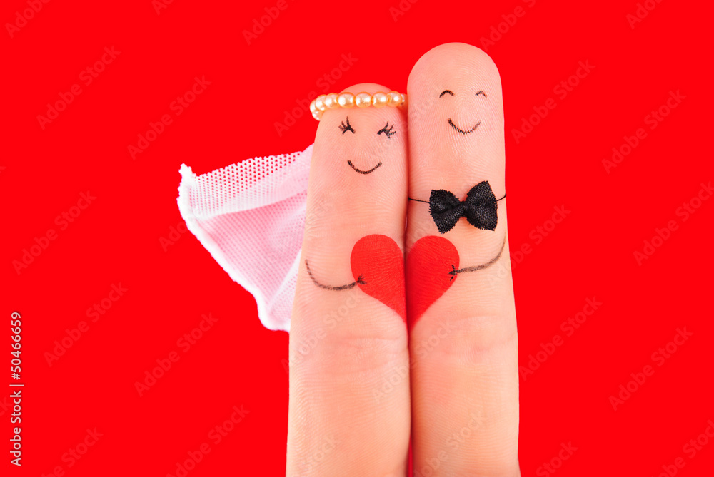 Sticker wedding concept, newlyweds with heart against red background, p