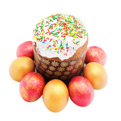 Easter cake with sugar glaze and painted eggs isolated on white