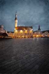 Vintage photo of old town hall square in Tallinn