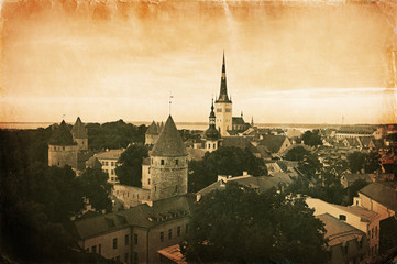 Vintage style panorama of old Tallinn