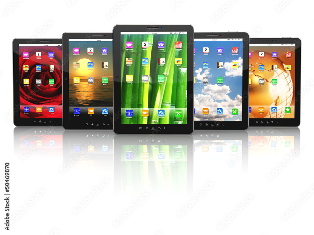 Poster group of digital tablet pc with different screen backgrounds.