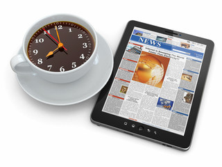 Morning news. Tablet pc  and clock as cup of coffee