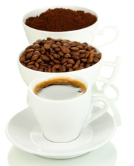 Different types of coffee in three cups isolated on white