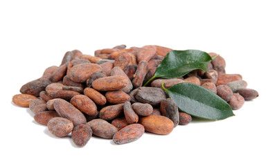 Cocoa beans with leaves isolated on white
