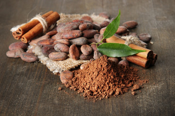 Cocoa beans, cocoa powder and spices on wooden background