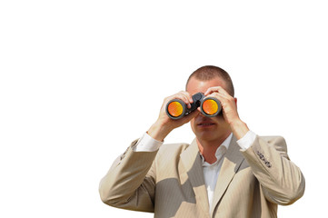 Young agent of police watching through binoculars