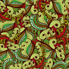 Seamless green floral background with fantasy flowers and swirls