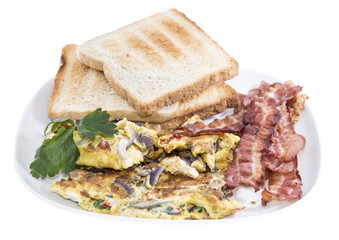 Scrambled Eggs and Bacon on white