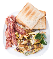 Scrambled Eggs and Bacon on white