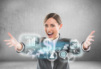 Technology concept. Businesswoman and virtual interface with web
