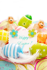 colorful easter eggs and greetings card