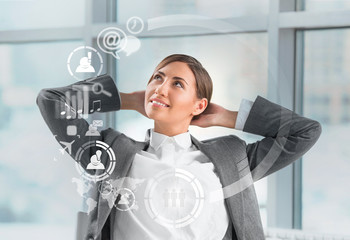Technology concept. Businesswoman and virtual interface with web
