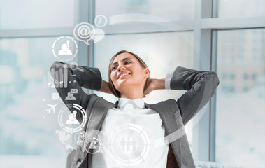 Technology concept. Businesswoman and virtual interface with web