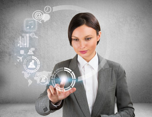 Technology concept. Businesswoman and virtual interface with web
