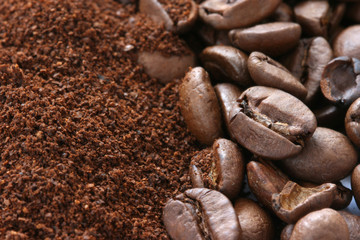 Whole and ground coffee beans scattered on white background