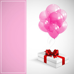gift box with red bow and bunch of pink transparent balloons