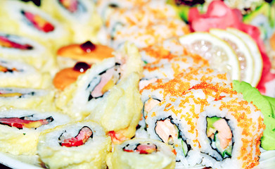 Appetizing tasty Japan rolls and sushi assortment