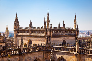 Fototapeta na wymiar Roof and spires of the Saint Mary cathedral in Seville
