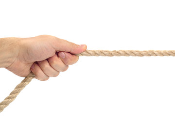 single hand pulling rope on white background
