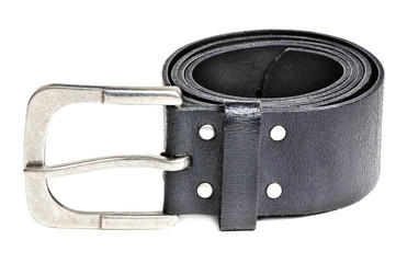 Black leather belt with silver buckle isolated over white