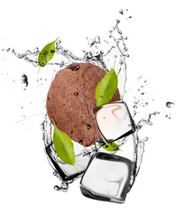 Wall murals In the ice Coconut with ice cubes, isolated on white background