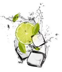 Wall murals In the ice Lime with ice cubes, isolated on white background