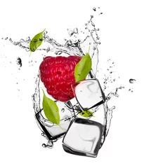 Wall murals In the ice Raspberry with ice cubes, isolated on white background