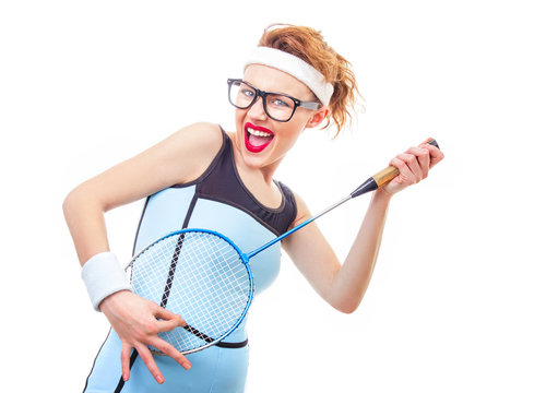 Sport woman with racket, funny girl playing tennis