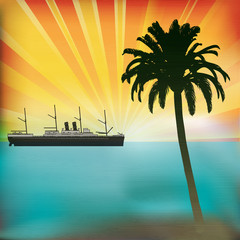 Vintage Sea Cruise, Tropical Vector Background with a sunset and