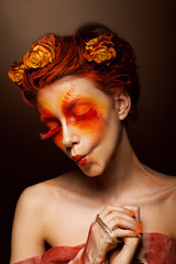 Grimace. Funny Woman with Flowers having fun. Theatrical Style