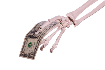 one dollar in skeleton hand