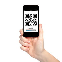 woman hand holding a phone with qr code on the screen
