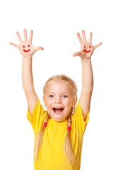 Little girl showing hands with smile symbol and laughing.