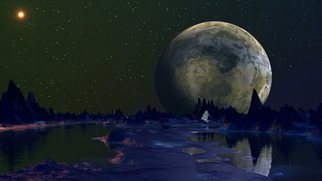 Planet against mountains and lakes
