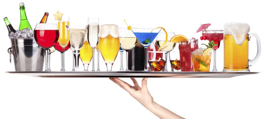 different alcohol drinks on a tray
