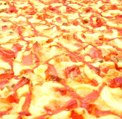 Пицца с колбасой, помидорами и солеными огурцами