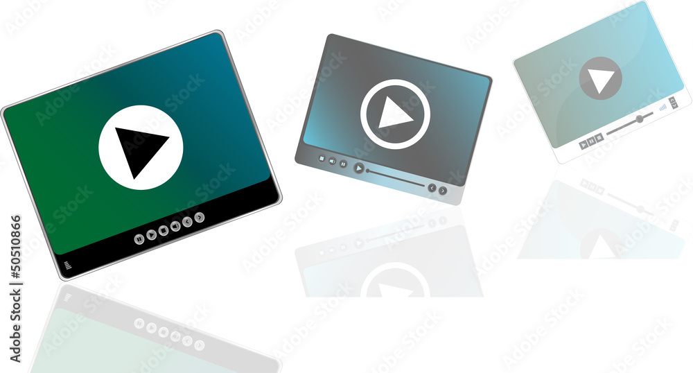 Poster media player set with play button on abstract background
