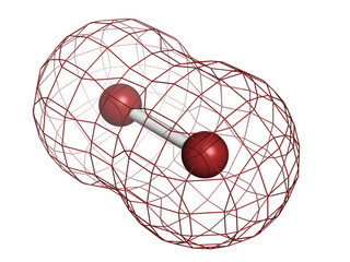 Elemental bromine (Br2), molecular model.