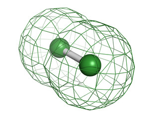 Elemental chlorine (Cl2), molecular model.
