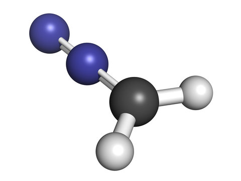 Diazomethane (CH2N2) explosive chemical, molecular model.