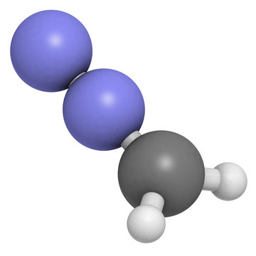 Diazomethane (CH2N2) explosive chemical, molecular model.