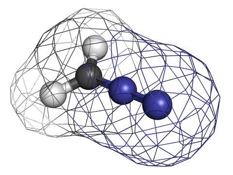 Diazomethane (CH2N2) explosive chemical, molecular model.