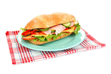 Fresh and tasty sandwich with ham and vegetables isolated