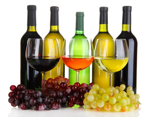 Assortment of wine in glasses and bottles isolated on white