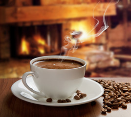 hot coffee near fireplace