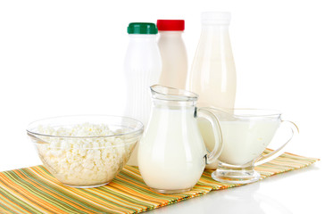 Dairy products on napkin isolated on white