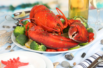 Red lobster on platter on serving table close-up